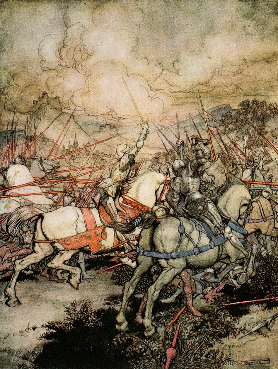 Hvordan Arthur trakk sverdet sitt, Excalibur, for første gang, illustrasjon fra 