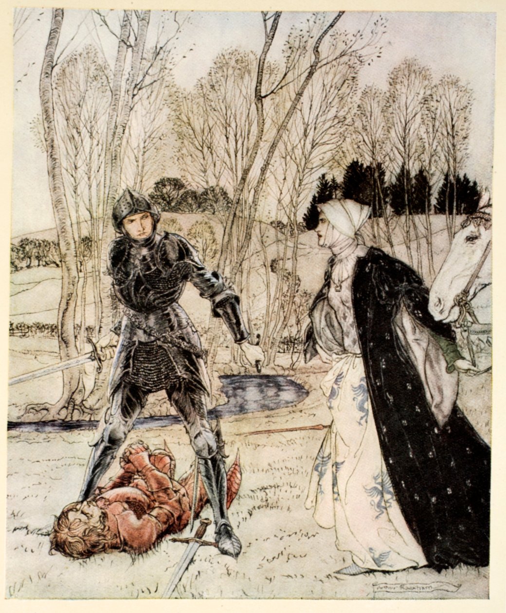 Hvordan Beaumains beseiret den røde ridderen og alltid jenta snakket mange stygge ord til ham, illustrasjon fra "The romance of King Arthur and his knights of the Round Table" av Alfred W. Pollard, 1910 av Arthur Rackham
