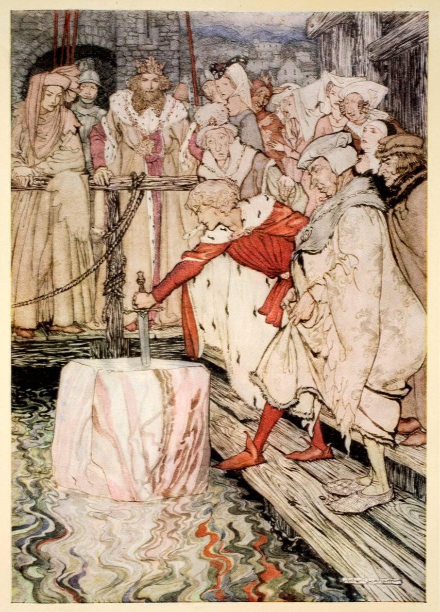 Hvordan Galahad trakk frem sverdet fra den flytende steinen ved Camelot, illustrasjon fra 