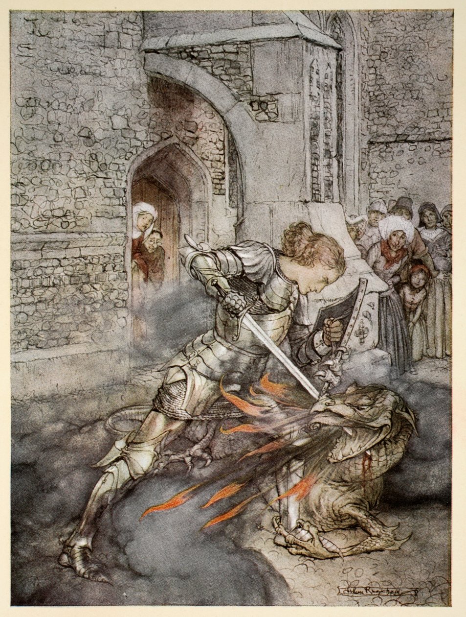 Hvordan Sir Lancelot kjempet med en vennlig drage, illustrasjon fra "The romance of King Arthur and his knights of the Round Table" av Alfred W. Pollard, 1910 av Arthur Rackham
