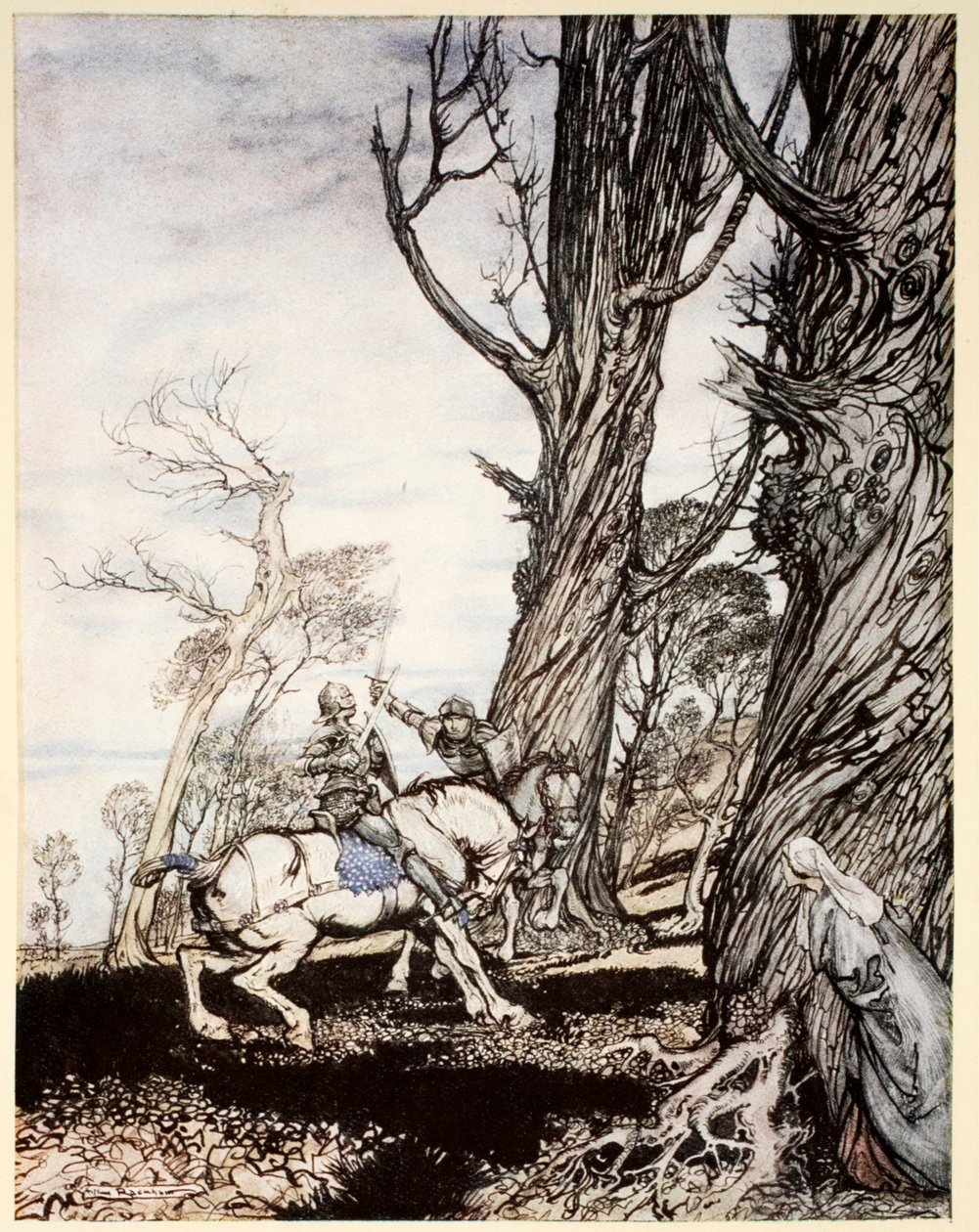 Hvordan Sir Launcelot drepte ridderen Sir Peris de Forest Savage som fortvilet damer, damer og gentlewomwen, illustrasjon fra "The romantique of King Arthur and his knights of the Round Table" av A av Arthur Rackham
