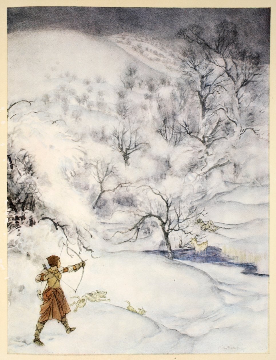 Hvordan Sir Launcelot ble skutt av en gentlewoman på jakt, illustrasjon fra "The romantique of King Arthur and his knights of the Round Table" av Alfred W. Pollard, 1910 av Arthur Rackham