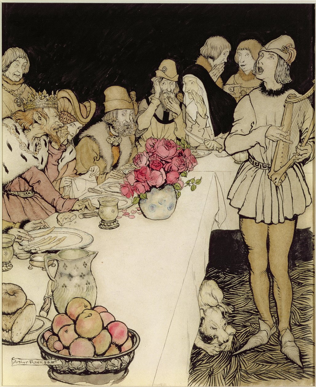 Hvordan til en stor fest som kong Mark laget kom harper Eliot og sang leken som Dinadan hadde laget (penn og blekk, wc) av Arthur Rackham