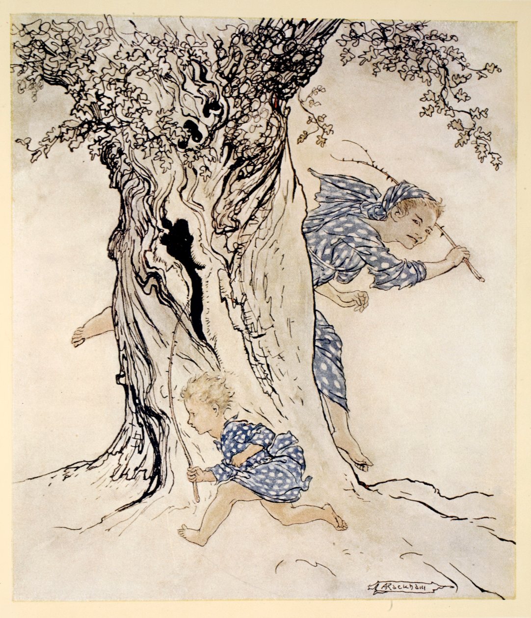 Hvordan han anstrengte seg og peset for å fange den forfølgende personen og forfølge henne og få sin egen bryter i gang, illustrasjon fra 'Irish Fairy Tales' av James Stephens, 1920 av Arthur Rackham
