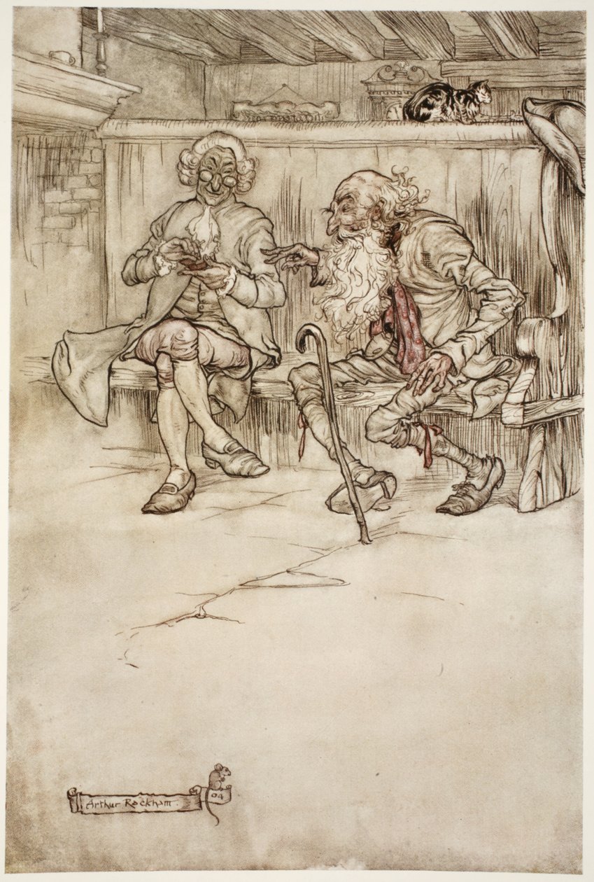 Jeg har noen gang snakket med Rip Van Winkle selv, som, da jeg sist så ham, var en veldig sårbar gammel mann., fra Rip Van Winkle av Washington Irving, pub. 1910 av Arthur Rackham