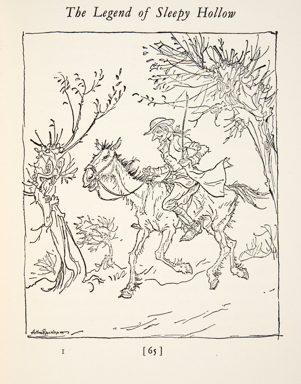 Ichabod Crane rømmer fra the Headless Horseman, fra The Legend of Sleepy Hollow av Washington Irving (1783 - 1859), pub. 1928 av Arthur Rackham