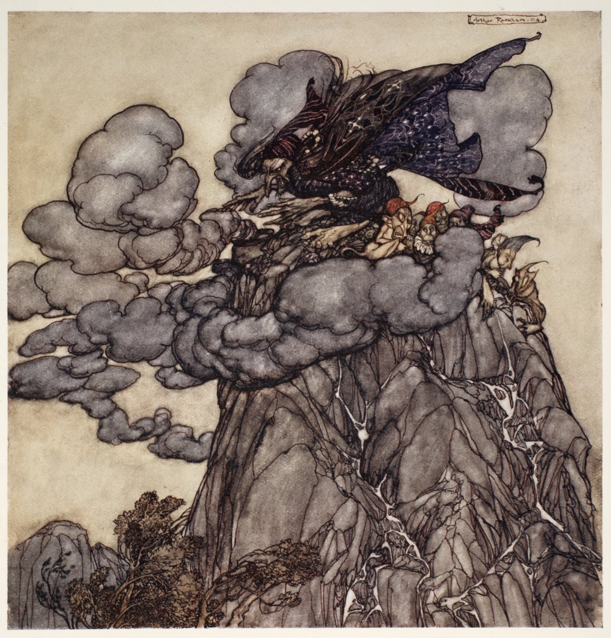 Hvis hun var misfornøyd, ville hun brygge opp skyer svarte som blekk, sittende midt iblant dem som en edderkopp med flaske i midten av nettet; da disse skyene brast, ve dalene!, fra Rip Van av Arthur Rackham