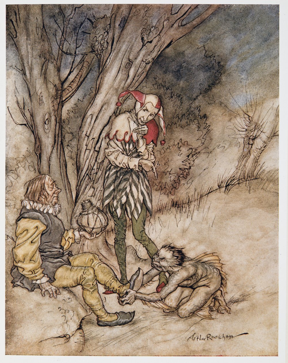 Ill kiss they foot: Ill sverger meg selv emnet, illustrasjon fra William Shakespeares The Tempest, pub. 1926 av Arthur Rackham