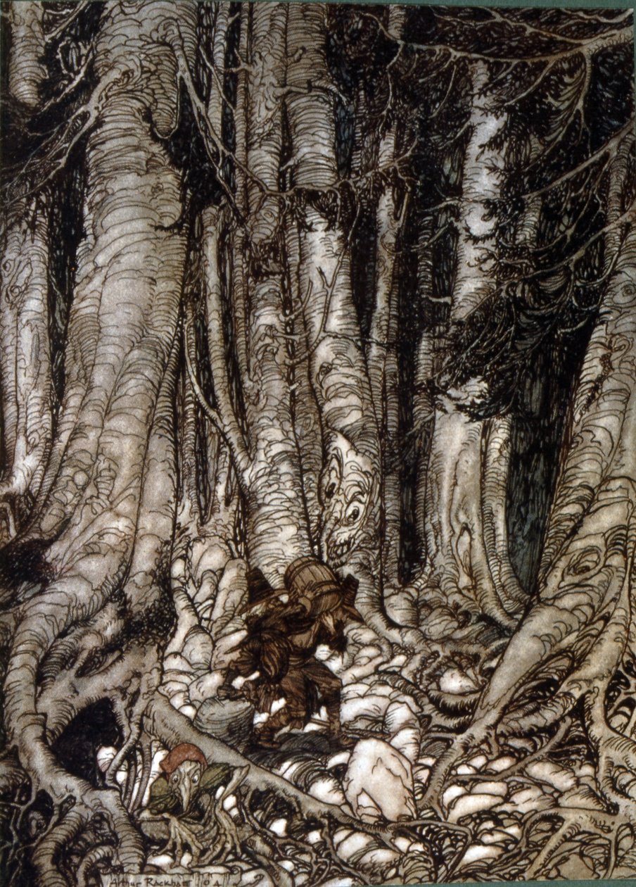 Illustrasjon av Arthur Rakham av Rip Van Winkle, en novelle av den amerikanske forfatteren Washington Irving først utgitt i 1819 av Arthur Rackham