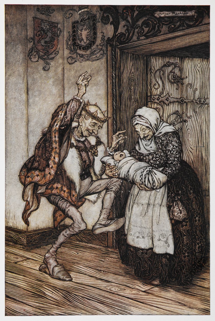 Illustrasjon fra Briar Rose av en eldre konger og dronning og deres baby. av Arthur Rackham