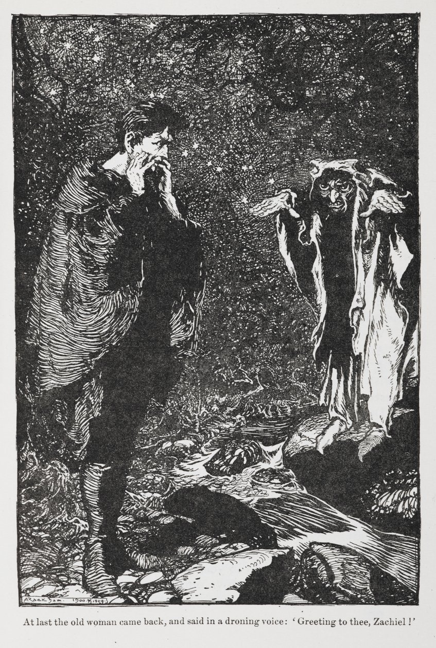 Illustrasjon fra Jorinda og Joringel av Zachiel og den gamle kvinnen. av Arthur Rackham