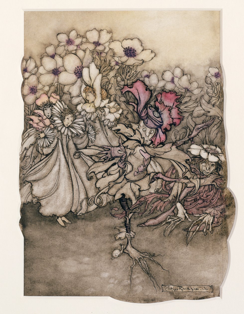 Illustrasjon fra Peter Pan i Kensington Gardens av J.M. Barrie (1860-1937) 1906 (penn og blekk med wc på papir) av Arthur Rackham