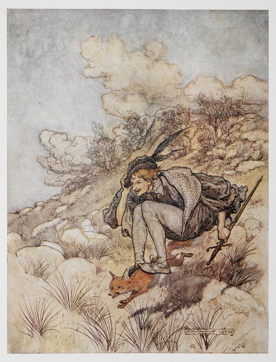 Illustrasjon fra The Golden Bird. En prins som rir på en rev. av Arthur Rackham