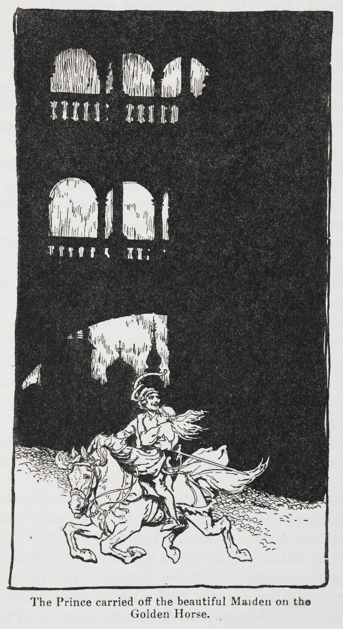 Illustrasjon fra Gullfuglen når prinsen bærer av piken på hesteryggen. av Arthur Rackham