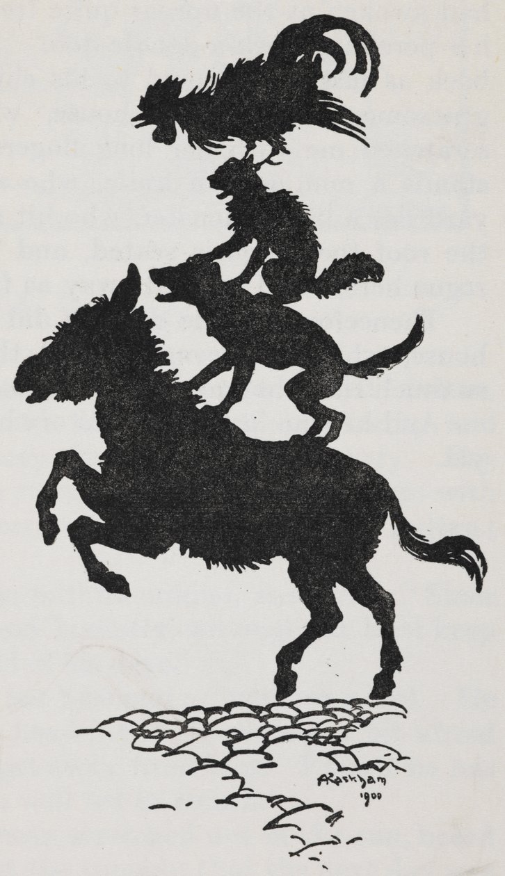 Illustrasjon fra Bremen Town Musicians av en rumpe, hund, katt og hane. av Arthur Rackham