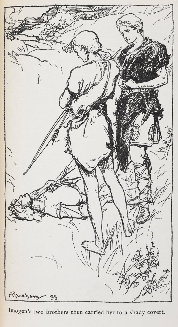 Illustrasjon av Imogen og hennes brødre fra Cymbeline. av Arthur Rackham