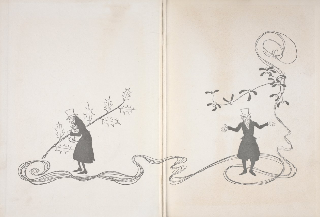 Illustrasjon av Scrooge. På den ene siden er han avbildet av en kvist kristtorn, som holder en pose med penger og ser sint ut. På den andre er han avbildet med en kvist misteltein som ser glad ut. av Arthur Rackham
