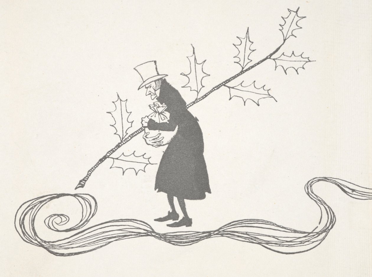 Illustrasjon av Joakim, avbildet av en kvist kristtorn, som holder en pose med penger og ser sint ut. av Arthur Rackham