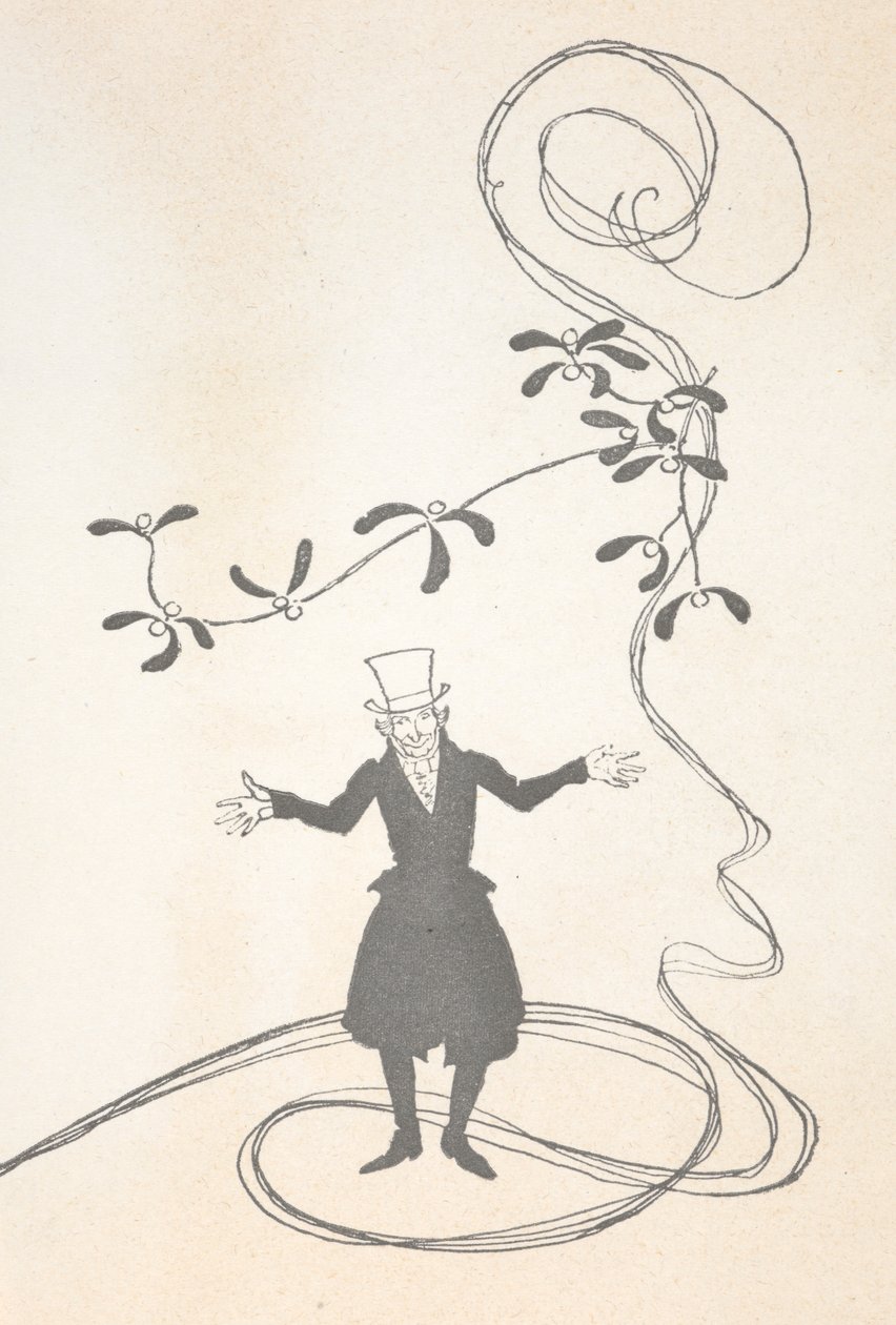 Illustrasjon av Scrooge, avbildet med en kvist misteltein som ser glad ut. av Arthur Rackham