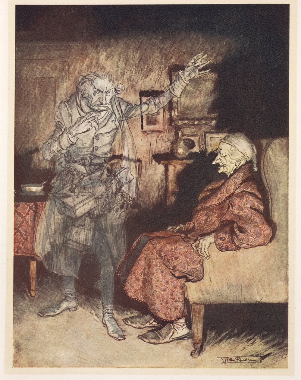 Illustrasjon av Joakim med Ghost of Christmas Past av Arthur Rackham