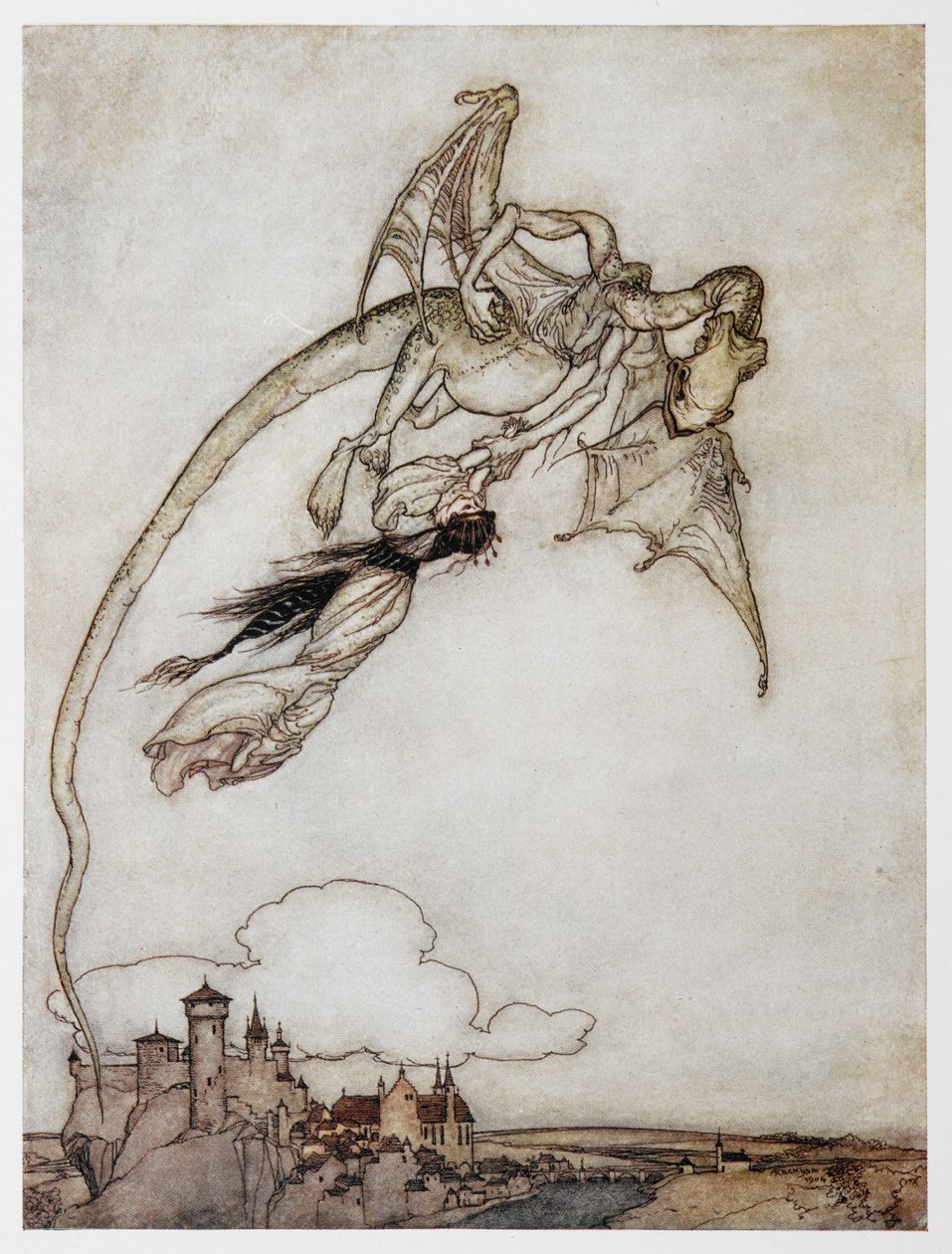 Illustrasjon av en drage som bærer bort prinsessen fra The Four Clever Brothers. av Arthur Rackham
