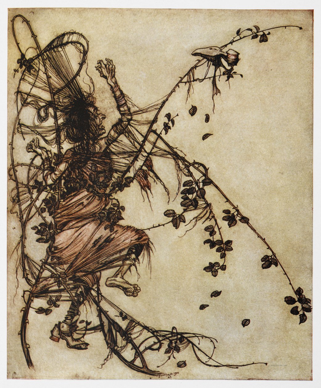 Illustrasjon av en mann fanget i torner fra Sweetheart Roland. av Arthur Rackham