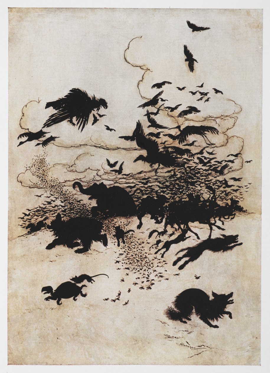 Illustrasjon av et stormløp av dyr fra Wren and the Bear. av Arthur Rackham