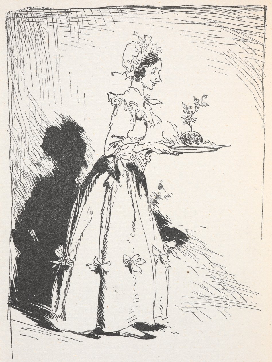 Illustrasjon av en kvinne som bærer en julepudding av Arthur Rackham