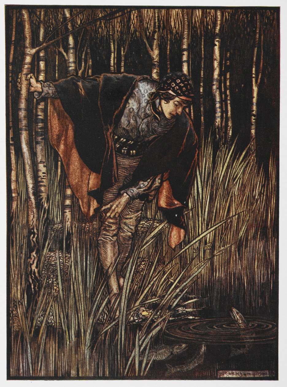 Illustrasjon av en ungdom ved en dam fra The White Snake. av Arthur Rackham