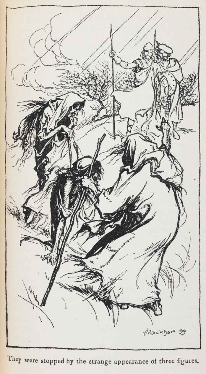 Illustrasjon av de tre heksene, Macbeth og Banquo. av Arthur Rackham