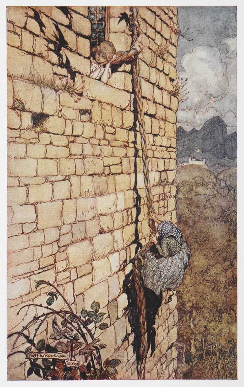 Illustrasjon av heksen som klatrer opp i Rapunzels hår. av Arthur Rackham