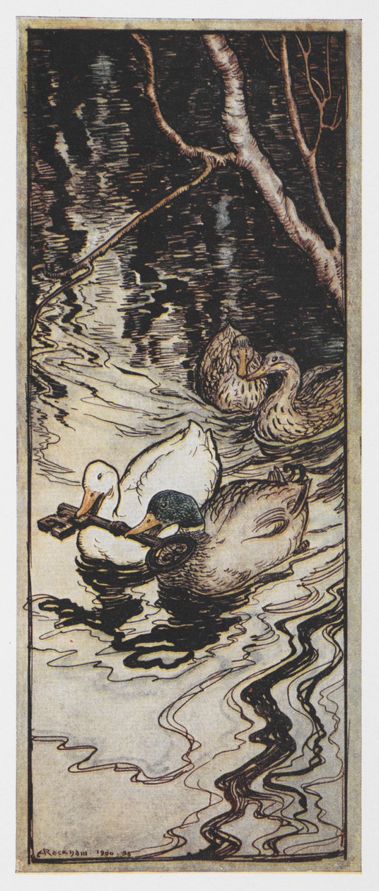 Illustrasjon av to ender som bærer en nøkkel fra The Queen Bee. av Arthur Rackham