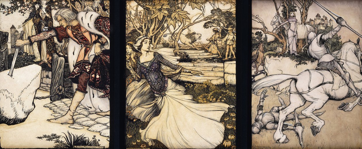 Illustrasjoner til Morte d"Arthur: Sir Galahad trekker Balins sverd fra den flytende steinen; La Cole Male Taile dreper løven som truet dronning Guenevere; og Beaumains beseirer den grønne ridderen, 1902 av Arthur Rackham