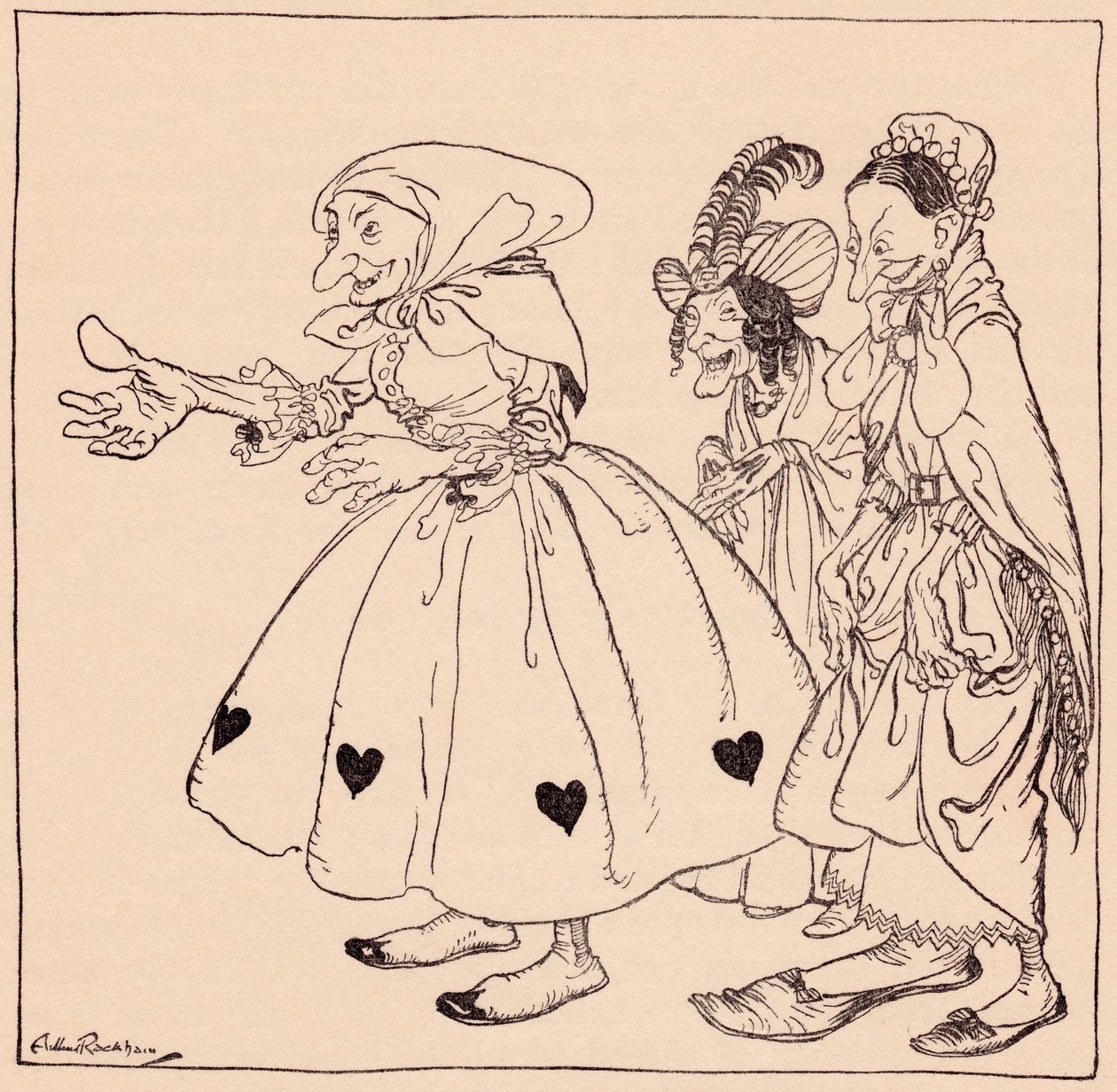 Inn kom de tre kvinnene kledd på den mest staselige måte. Illustrasjon av Arthur Rackham fra Grimm