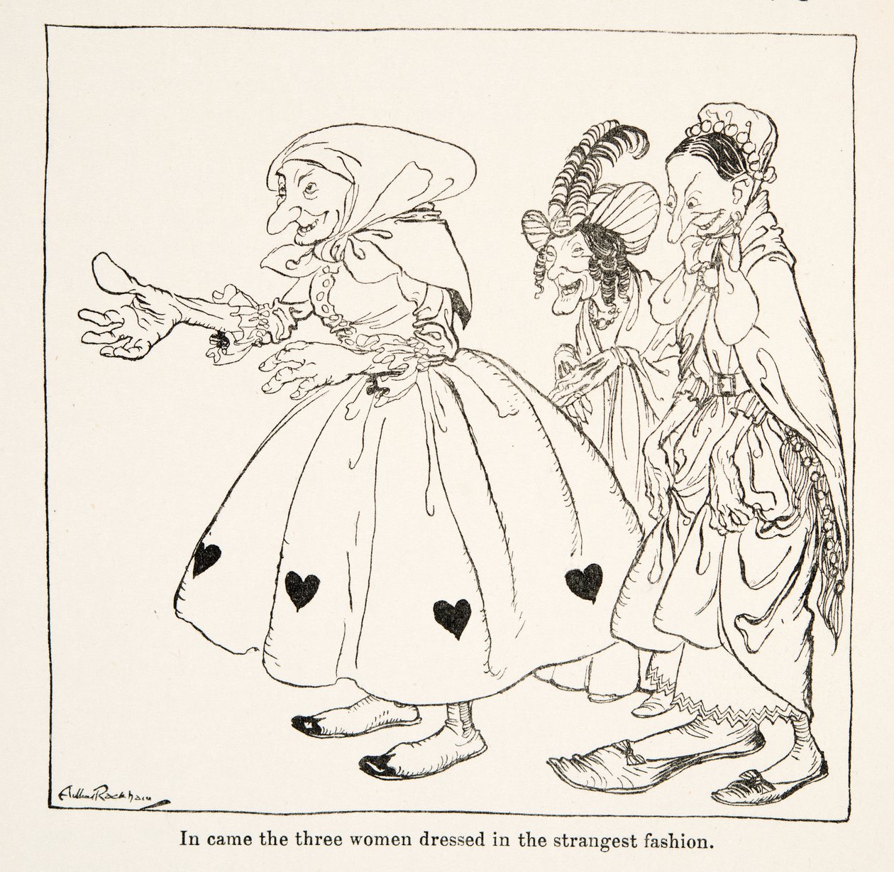 Inn kom de tre kvinnene kledd på merkeligste vis, fra Little Brother & Little Sister and Other Tales av brødrene Grimm, pub.1917 (litho) av Arthur Rackham