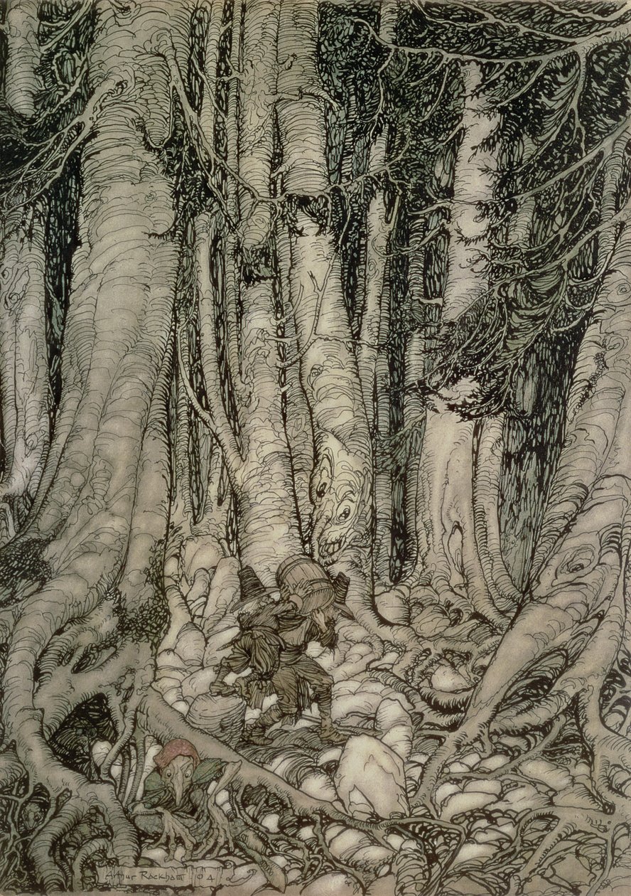 In the Forest with a Barrel fra Rip Van Winkle skrevet av Washington Irving (1783-1859), 1905 av Arthur Rackham