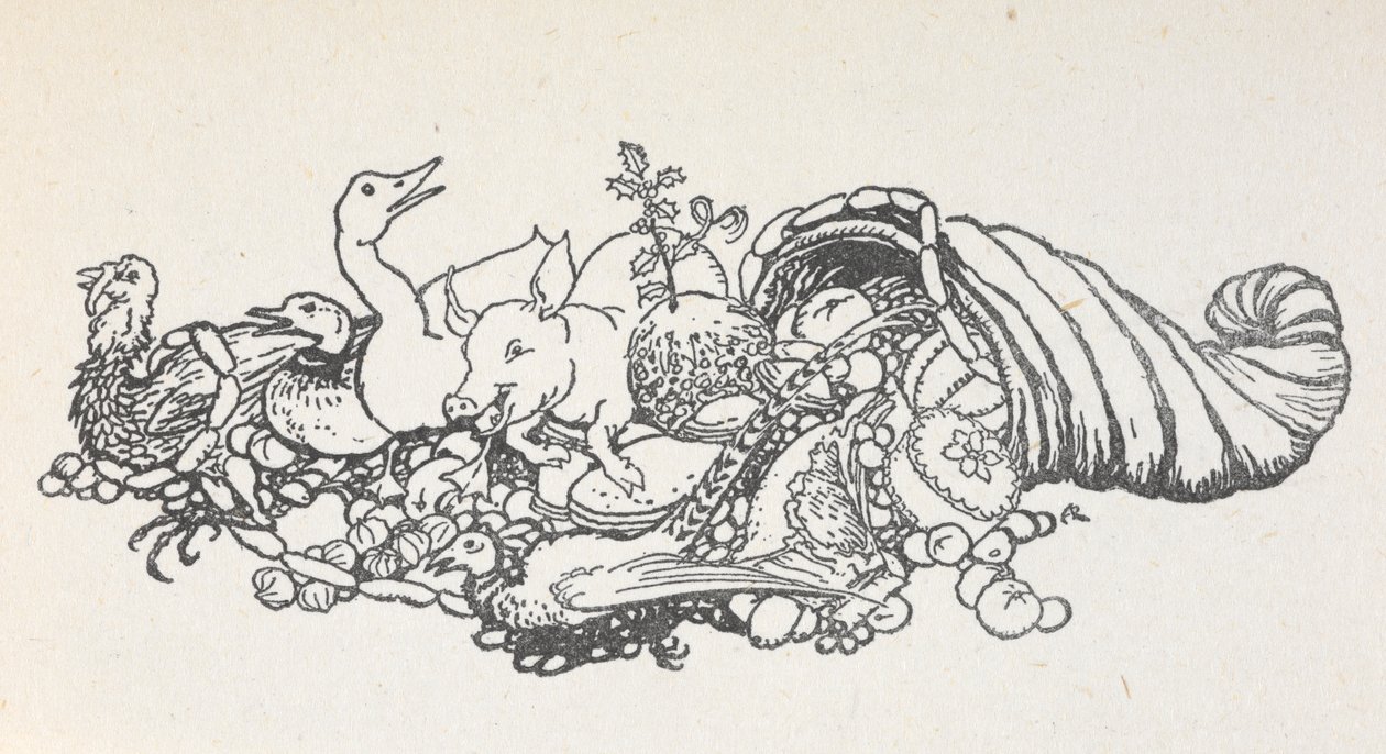 Gjenstander fra en julefest som renner ut fra en hornform. Varene inkluderer en julepudding, pølser, en kalkun, en gris, en and, en fasan, en pai og frukt. av Arthur Rackham