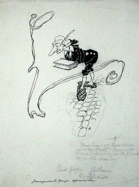 "Jorumgander den yngre forlot butikken sin og henvendte seg til dem med et etui med penner som han tilbød for salg", illustrasjon fra "The Zankiwank and the Bletherwitch", av S.J. Adair Fitzgerald, utgitt 1896 (penn og blekk på papir) av Arthur Rackham