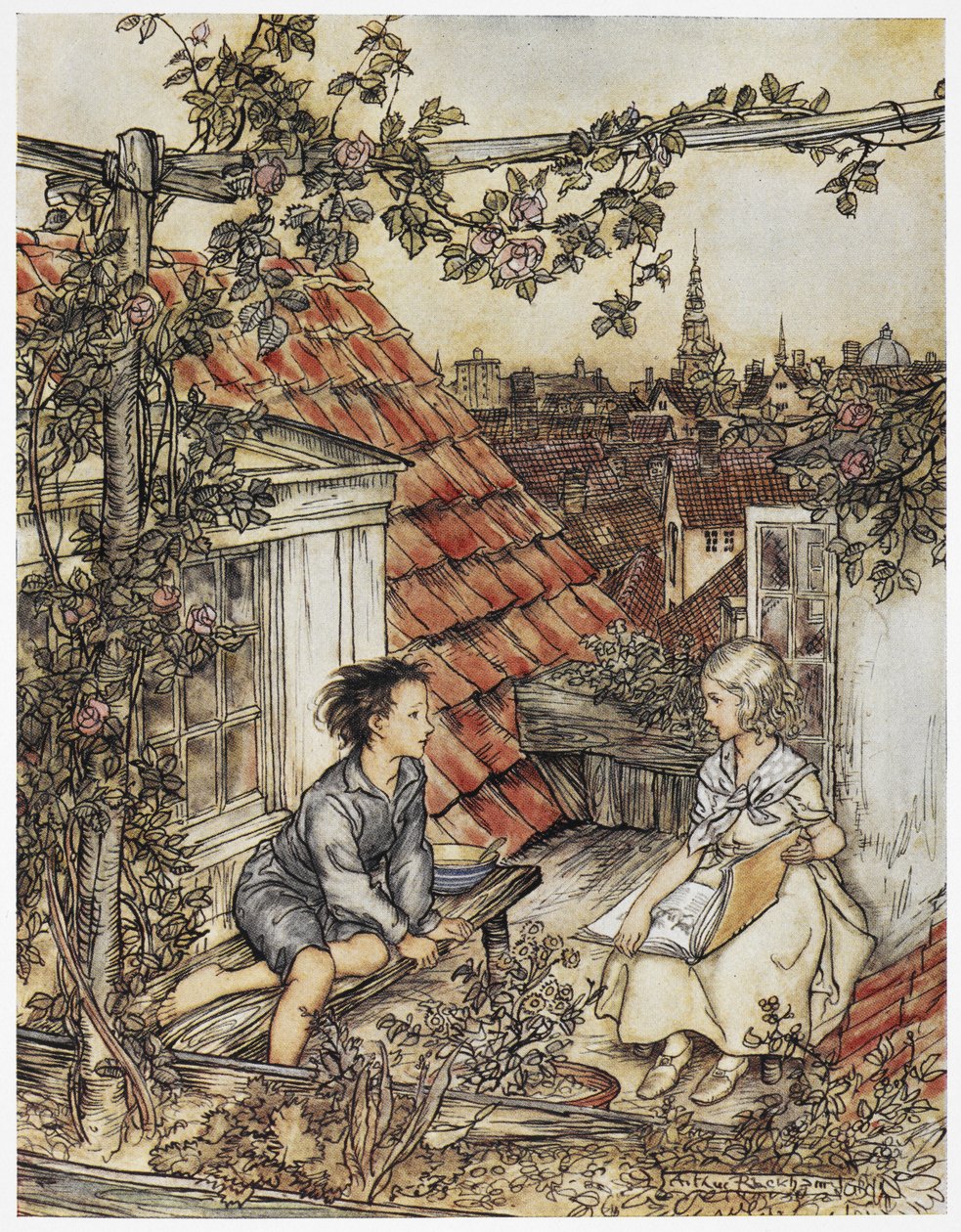 "Kay og Gerda i hagen deres høyt oppe på taket". To barn sitter på taket av et hus. Illustrasjon for "den lille jenta og den lille gutten". av Arthur Rackham
