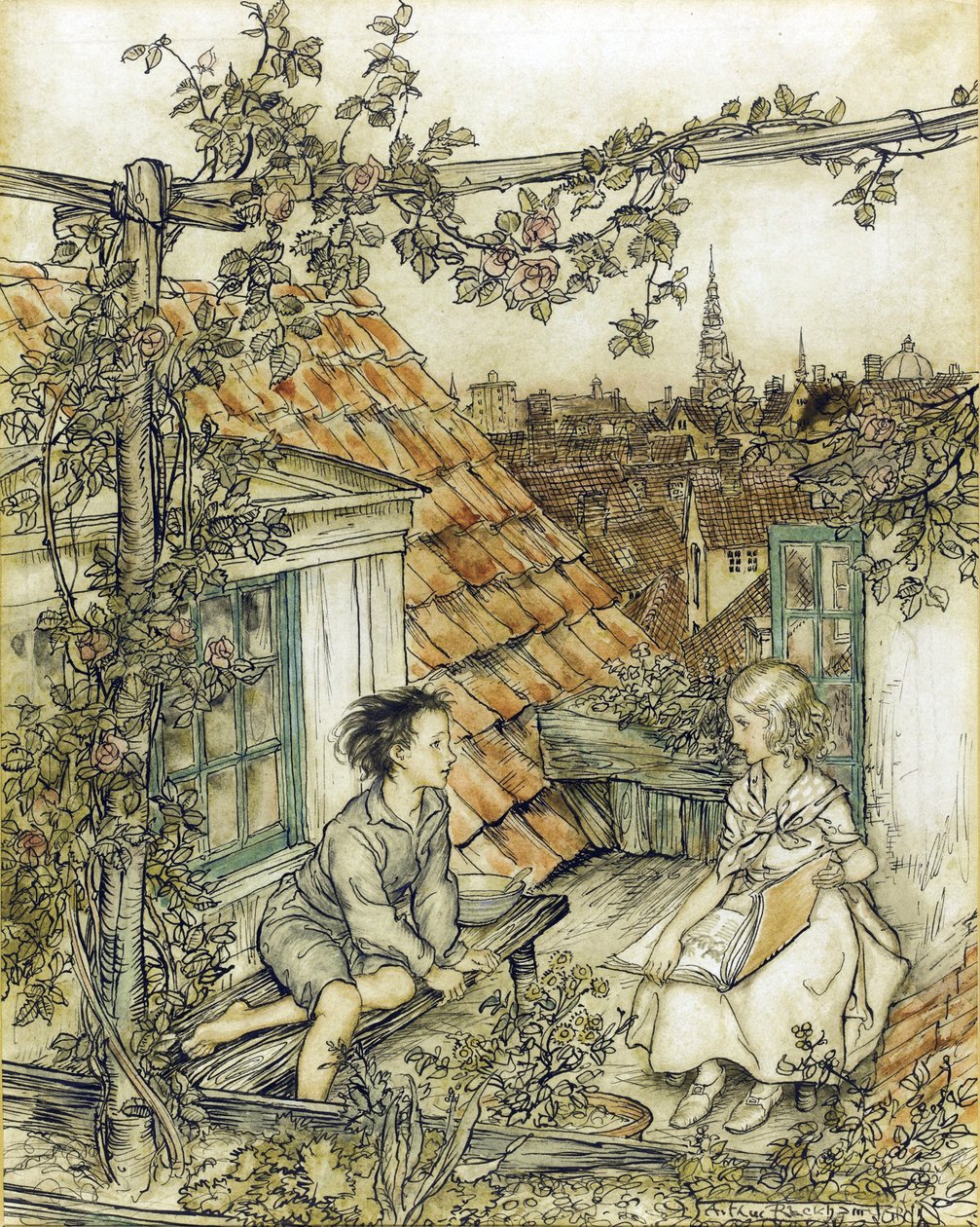 La Reine des neiges - Kay og Gerda i hagen deres høyt oppe på taket. Illustrasjon for historien om snødronningen av Rackham, Arthur (1867-1939) av Arthur Rackham
