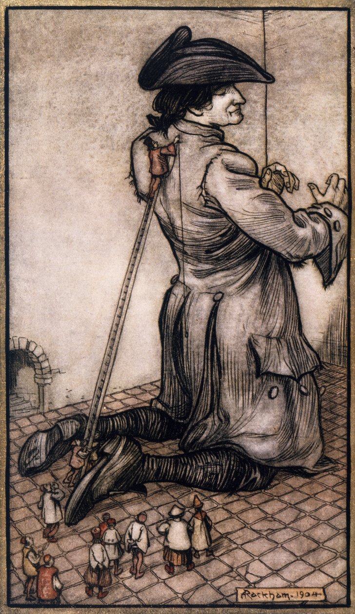 Lilliputske skreddere måler Gulliver for å lage ham ny drakt, illustrasjon av Arthur Rackham (1867-1939) fra Gulliver