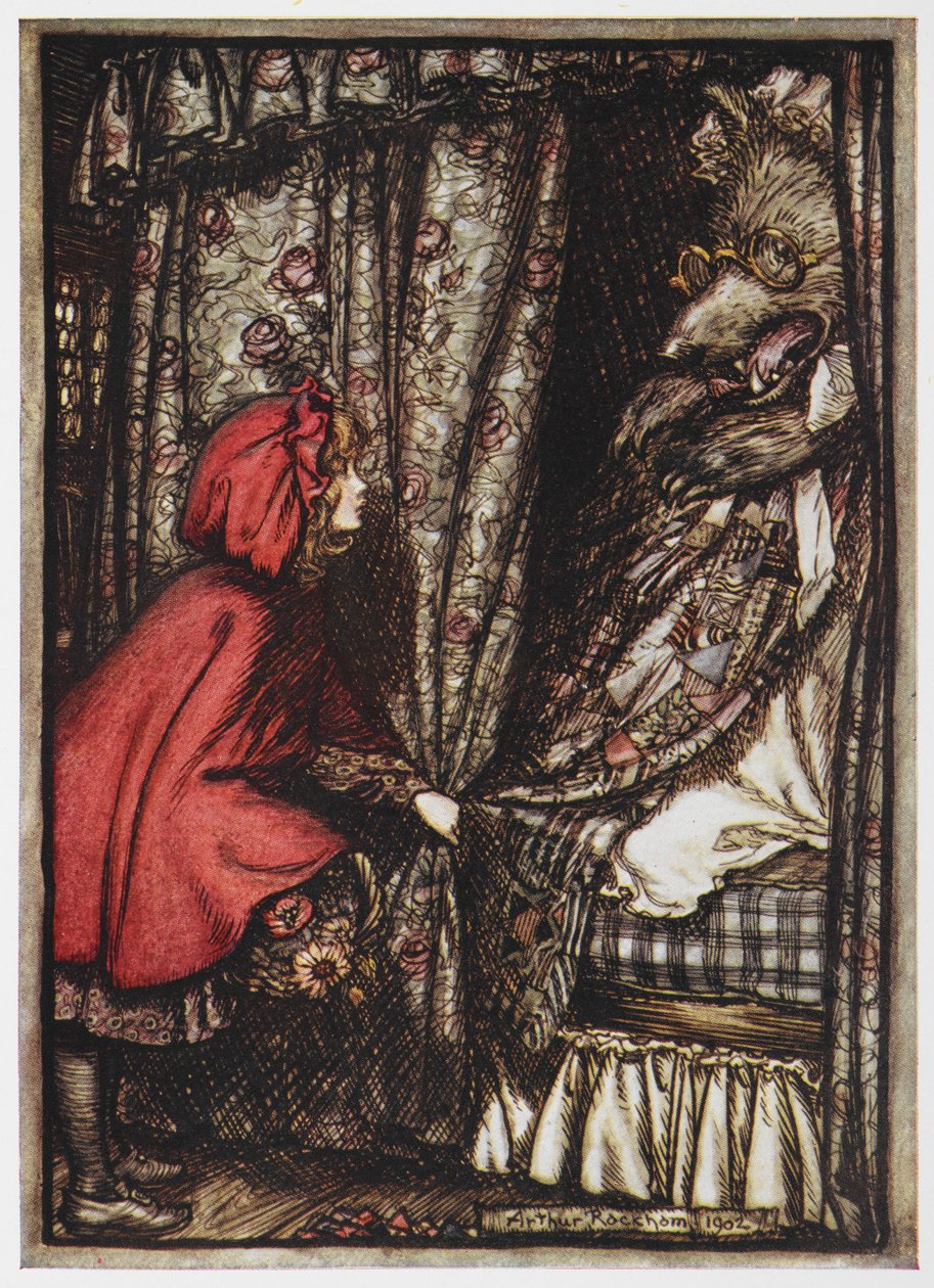 Little Red Riding and the Wolf kledde seg ut som hennes bestemor. av Arthur Rackham