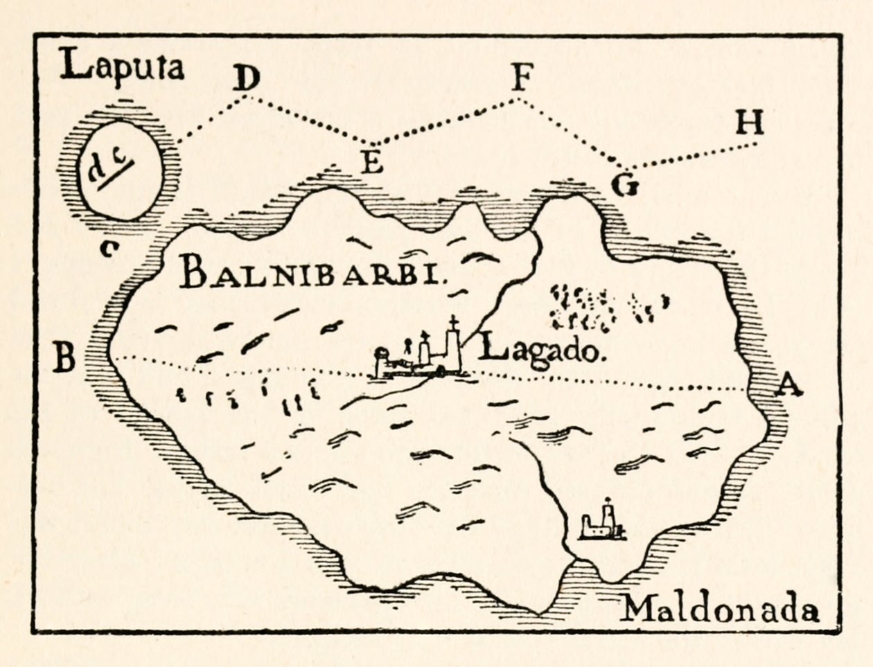 Kart over Laputa (flygende øy øverst til høyre) og Balnibarbi (hovedhavn Maldonado) fra del III: A Voyage to Laputa, Balnibarbi, Luggnagg, Glubbdubdrib og Japan in Gullivers Travels av Jonathan Swift av Arthur Rackham