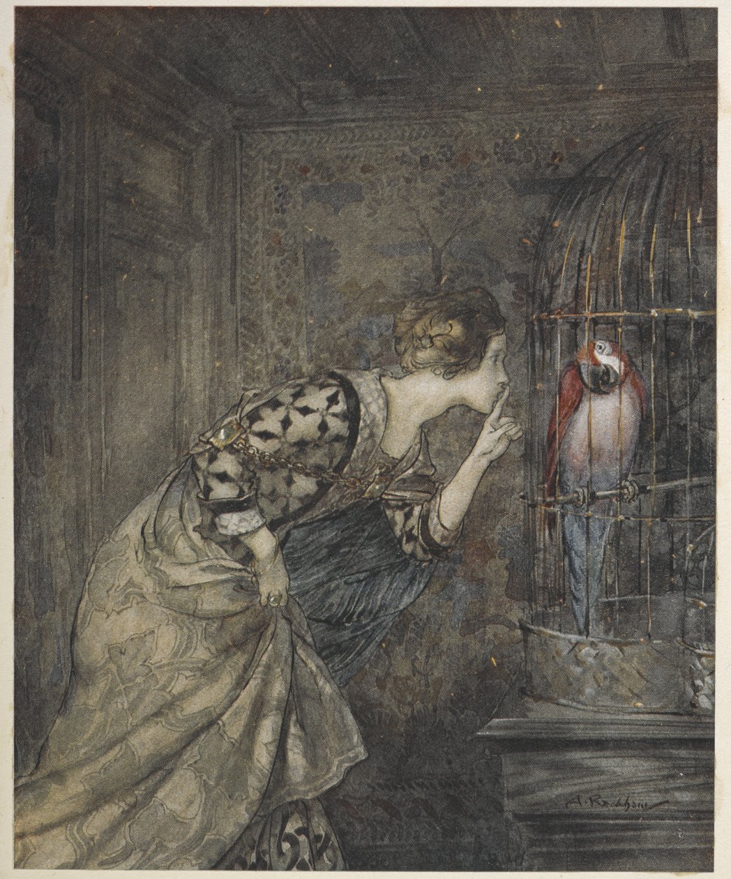 May Colvin og en papegøye i et bur. av Arthur Rackham