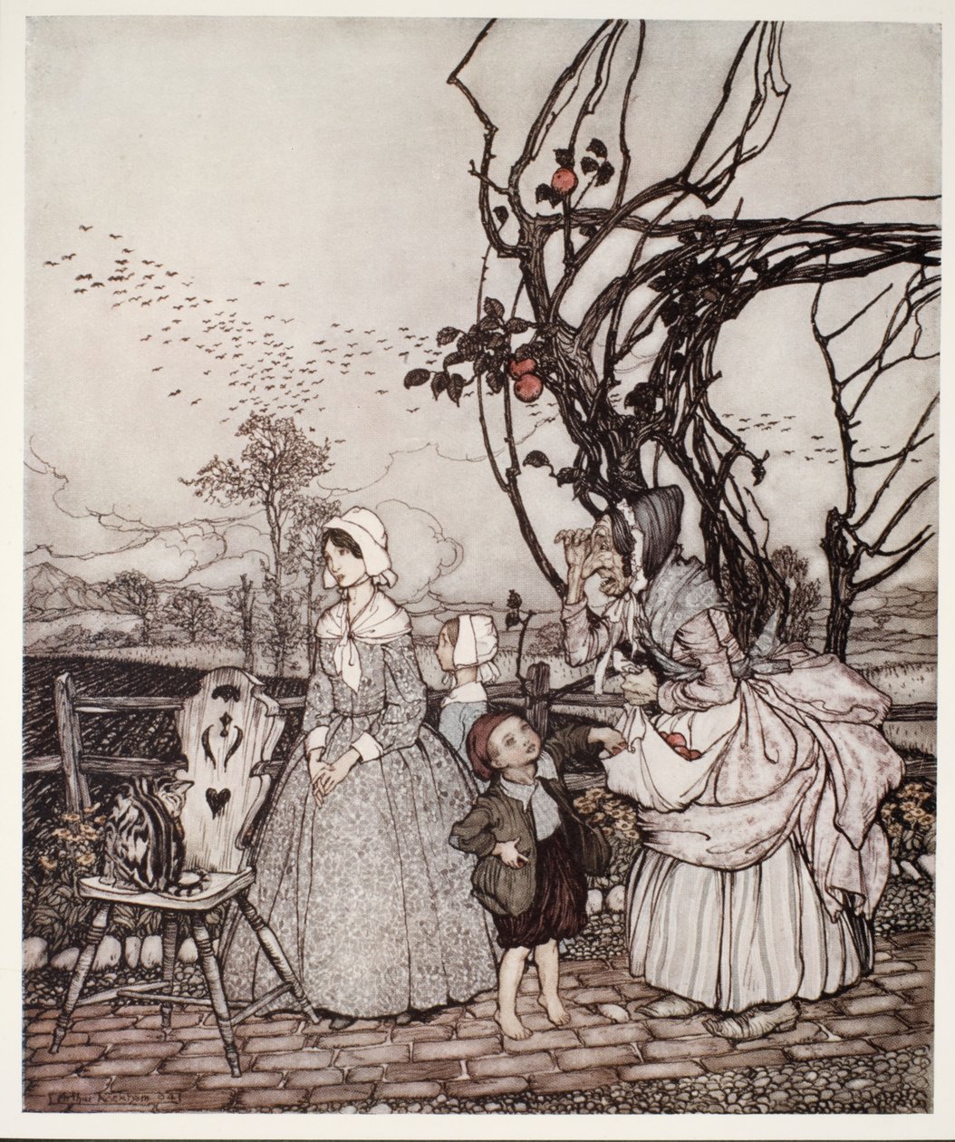 Mor og barn som kommer tilbake etter å ha samlet epler, fra Rip Van Winkle av Washington Irving, pub. 1910 av Arthur Rackham