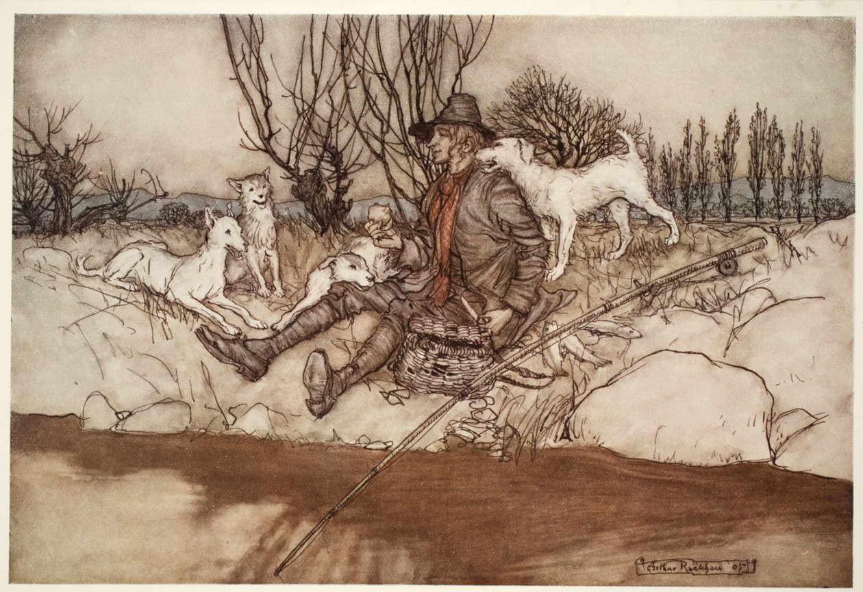 Ikke en hund ville bjeffe på ham i hele nabolaget., fra Rip Van Winkle av Washington Irving, pub. 1910 av Arthur Rackham