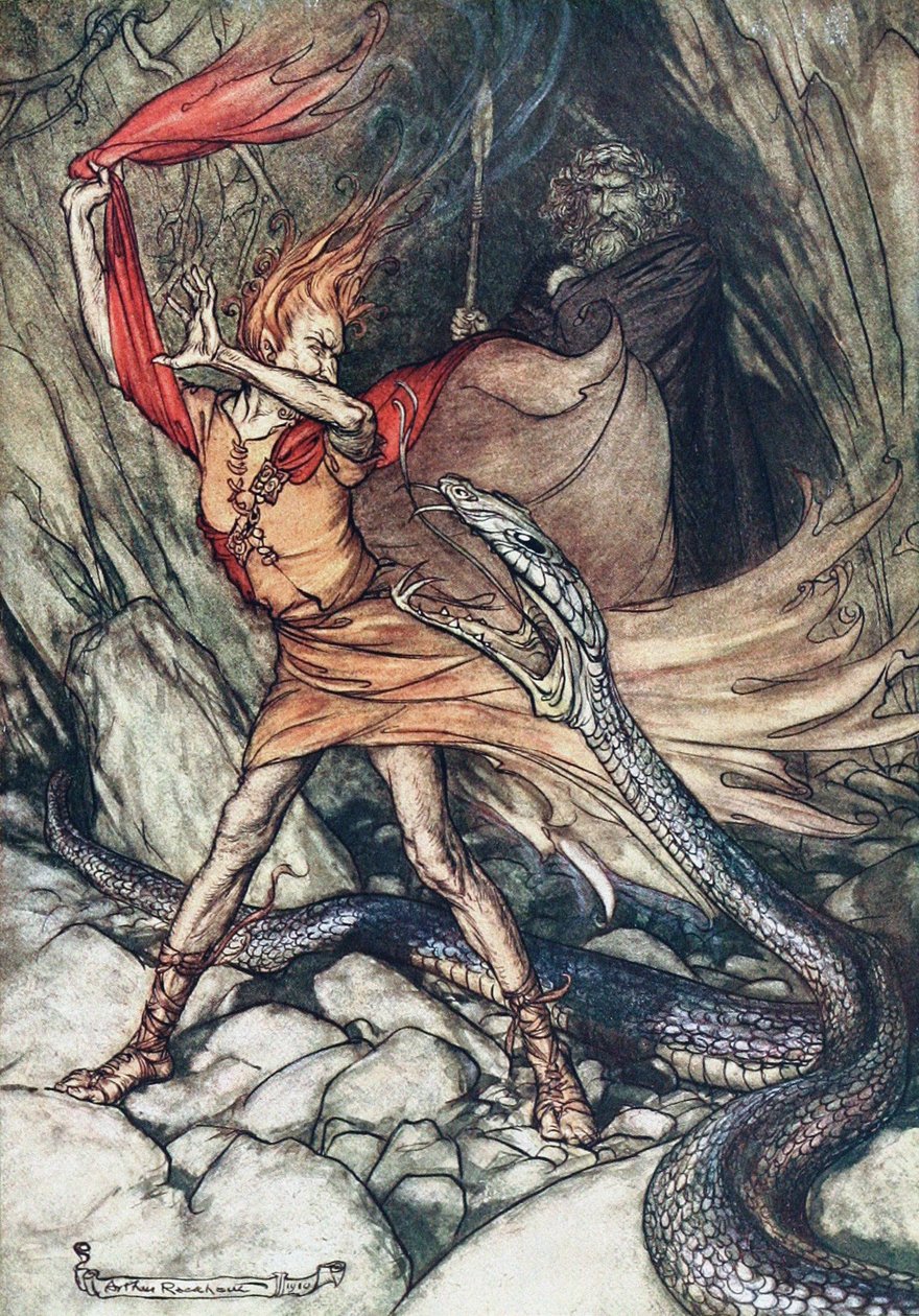 Åh! Åh! Forferdelig drage, å ikke svelge meg! Illustrasjon for Rhinegold og Valkyrien av av Arthur Rackham