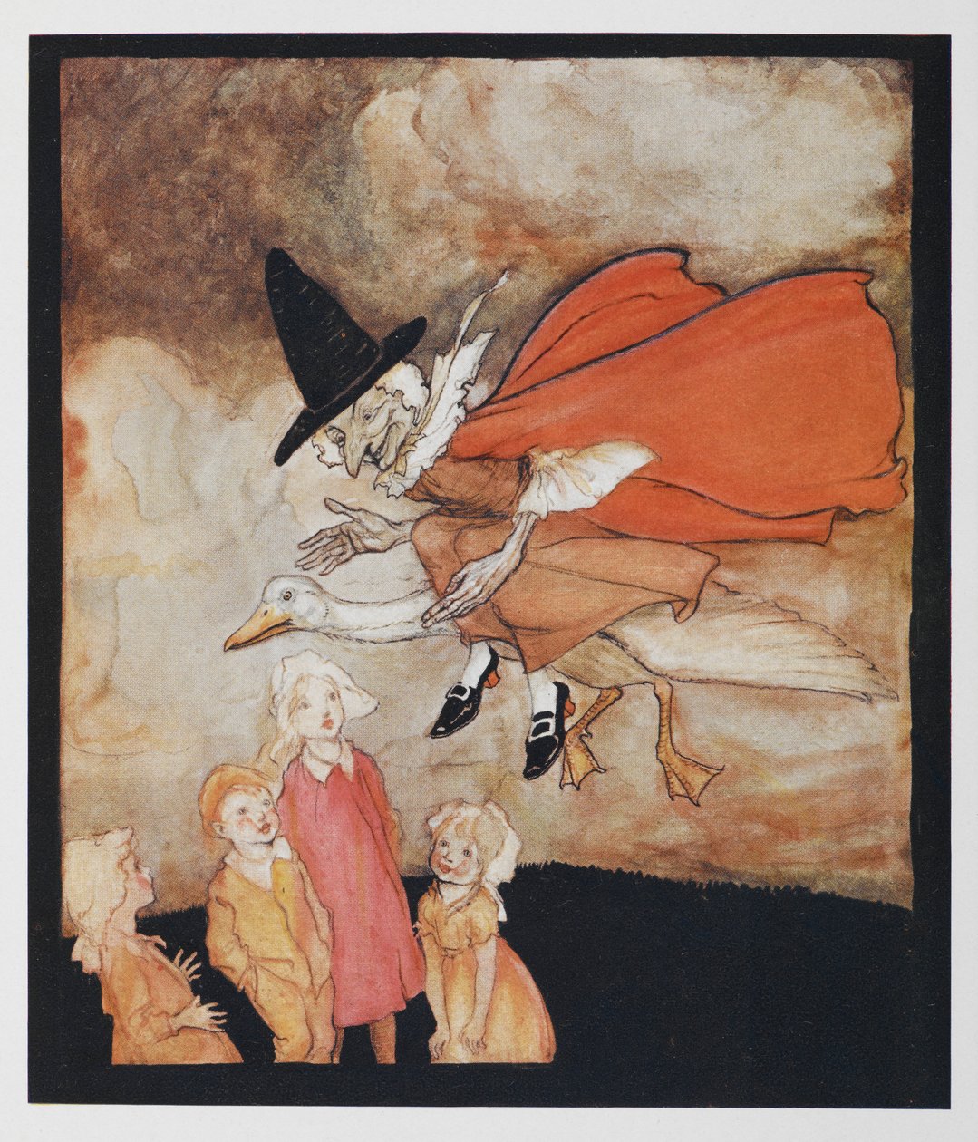 Gammelmor gås, flyr over noen barn i rød kappe og svart hatt. av Arthur Rackham