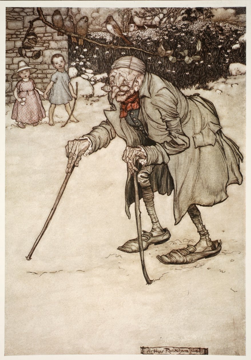 Gammel mann med to pinner, fra Rip Van Winkle av Washington Irving, pub. 1910 av Arthur Rackham