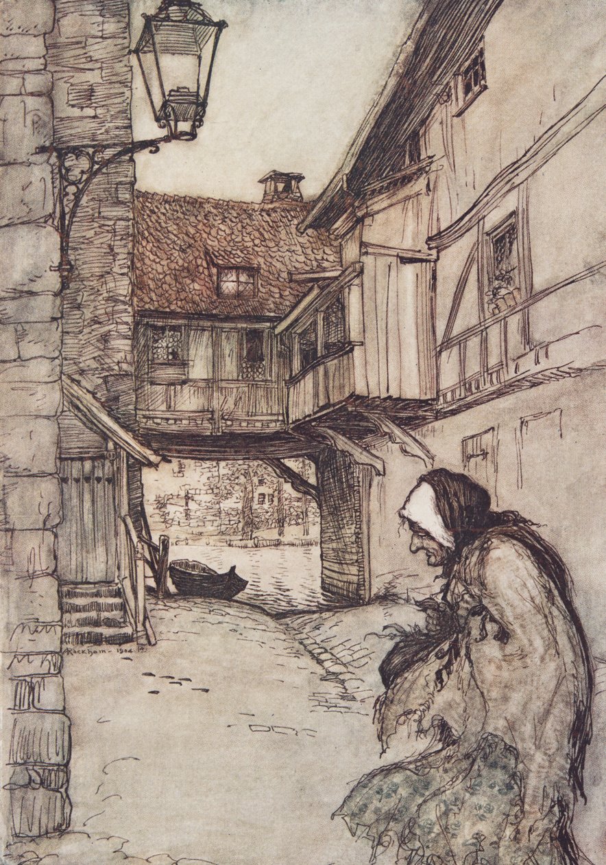 En gang var det en fattig gammel kvinne som bodde i en landsby, fra The Fairy Tales of the Brothers Grimm, pub. 1909 av Arthur Rackham